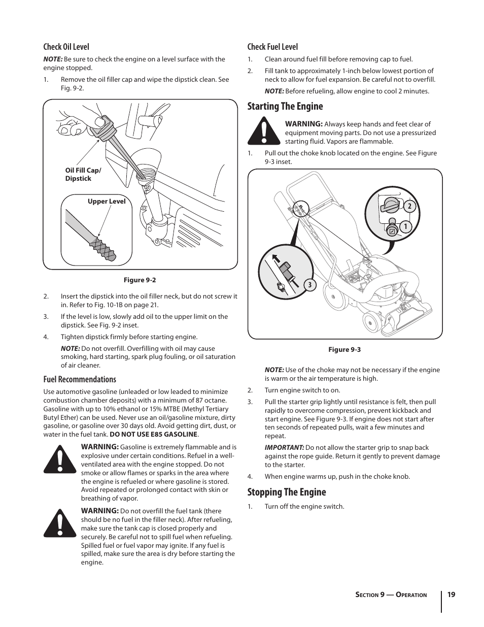 Starting the engine, Stopping the engine, Check fuel level | Check oil level, Fuel recommendations | Cub Cadet CSV 050 User Manual | Page 19 / 60