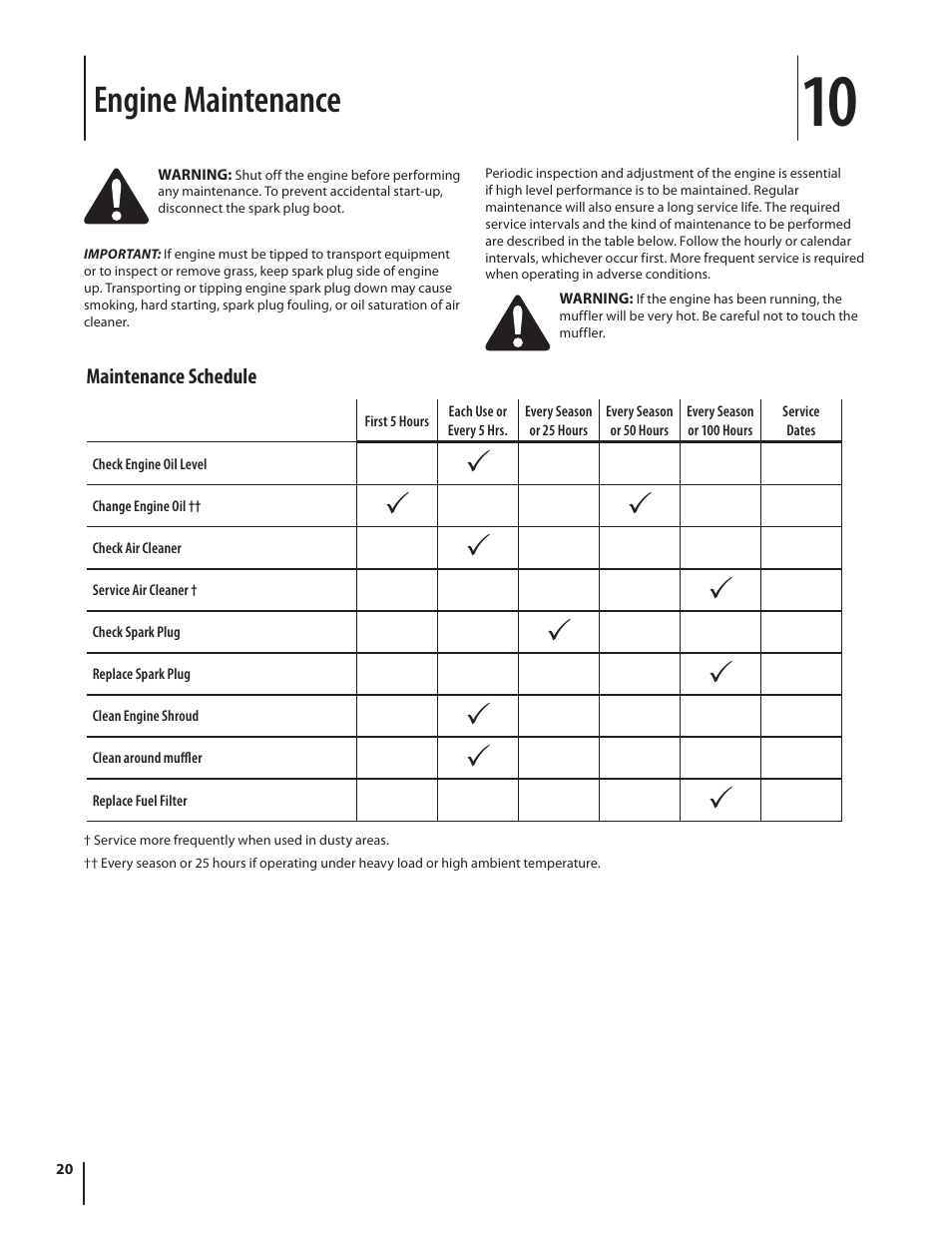 Engine maintenance | Cub Cadet CSV 050 User Manual | Page 20 / 60