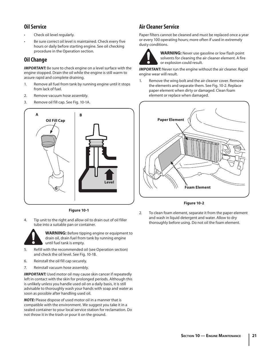 Oil service, Oil change, Air cleaner service | Cub Cadet CSV 050 User Manual | Page 21 / 60