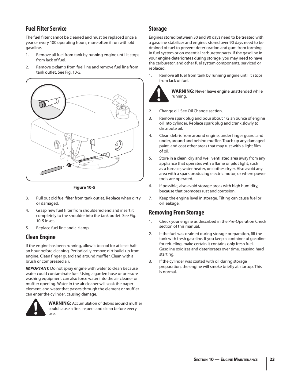 Fuel filter service, Clean engine, Storage | Removing from storage | Cub Cadet CSV 050 User Manual | Page 23 / 60