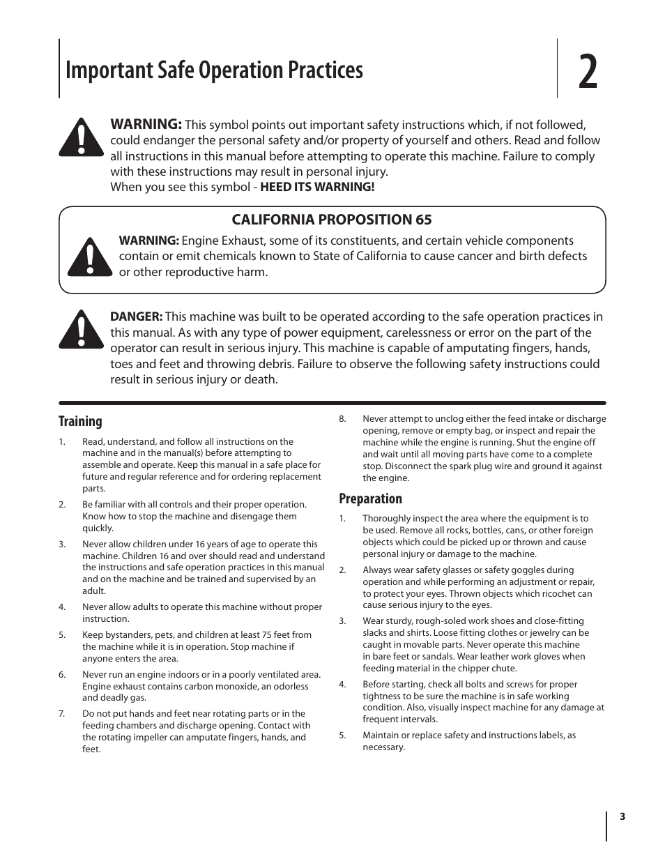 Important safe operation practices, Training, Preparation | Warning, California proposition 65 | Cub Cadet CSV 050 User Manual | Page 3 / 60