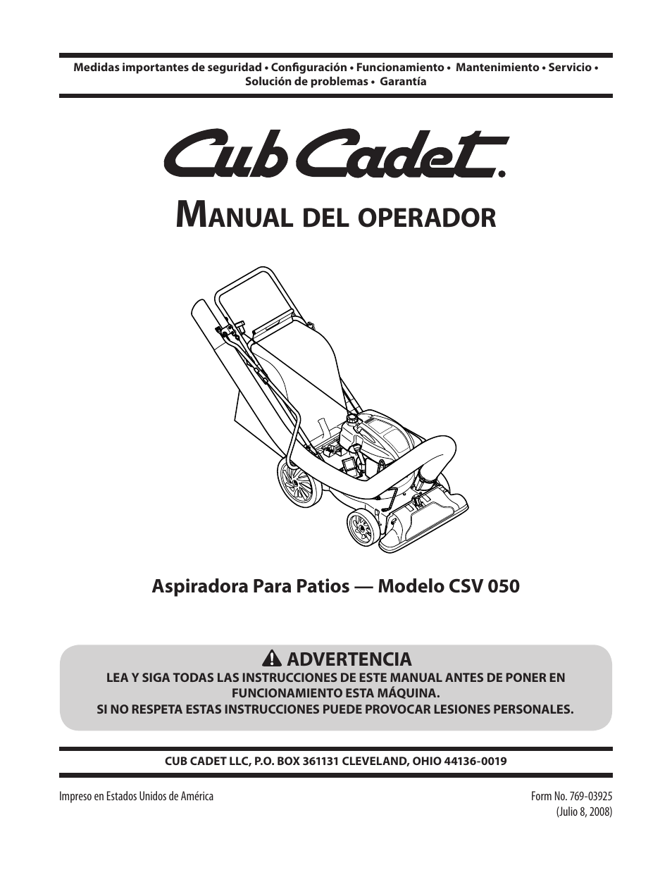 Anual, Operador | Cub Cadet CSV 050 User Manual | Page 33 / 60