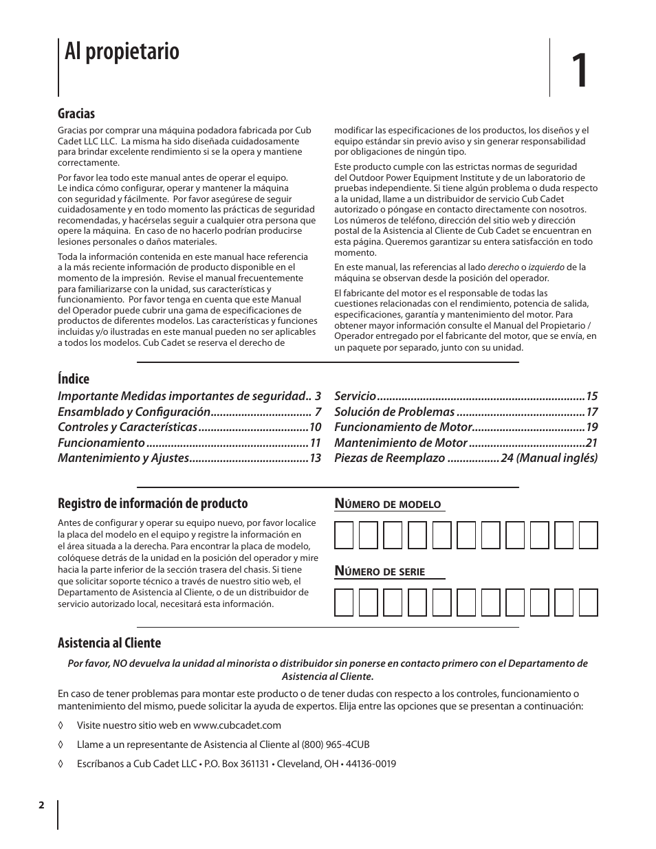 Al propietario, Asistencia al cliente, Gracias | Índice n, Registro de información de producto | Cub Cadet CSV 050 User Manual | Page 34 / 60