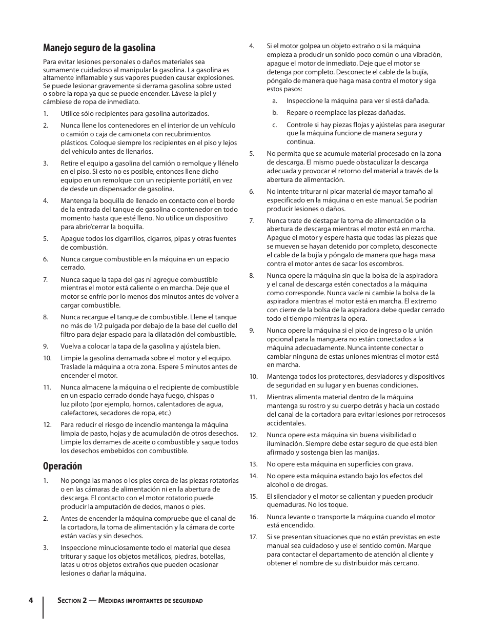 Manejo seguro de la gasolina, Operación | Cub Cadet CSV 050 User Manual | Page 36 / 60