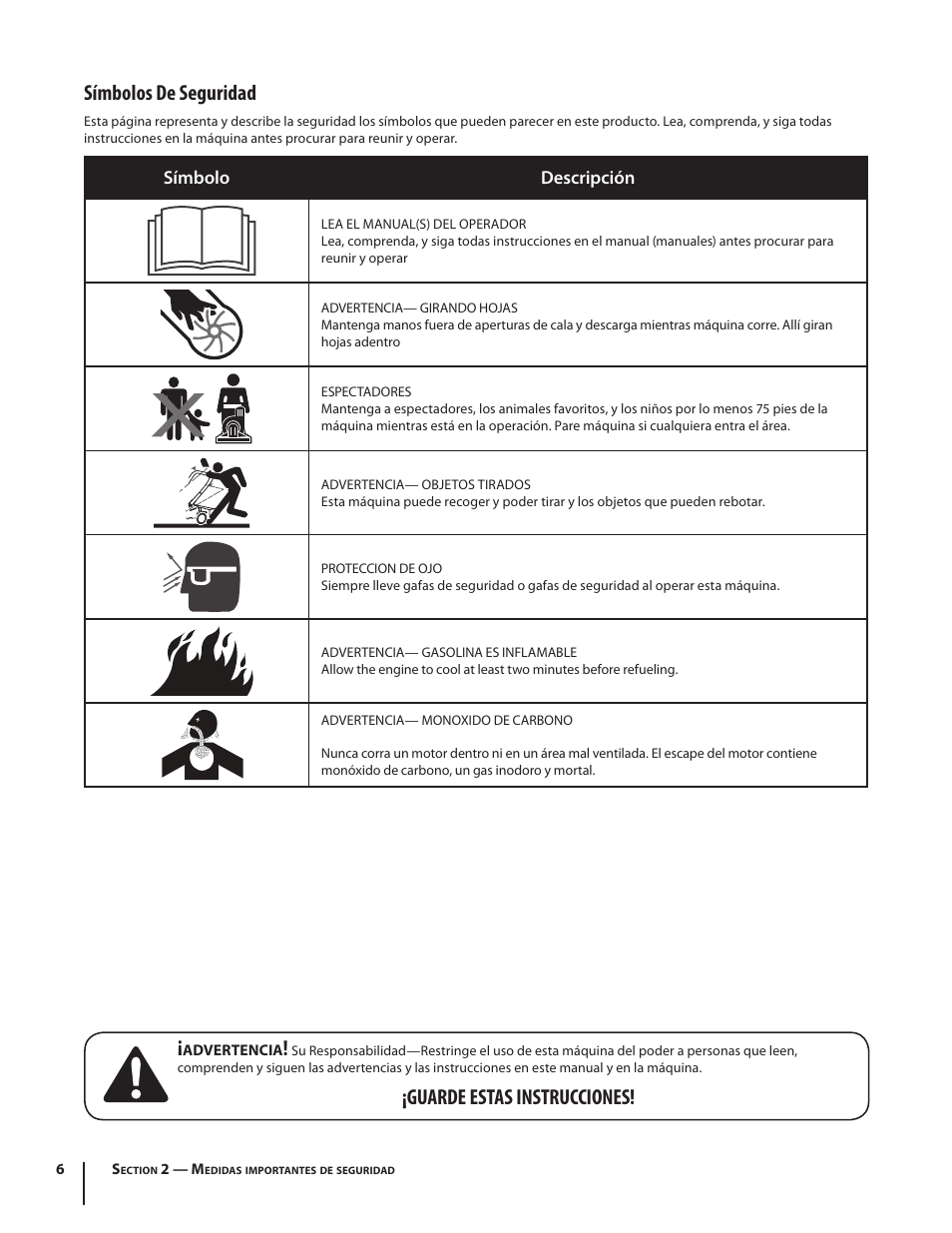 Símbolos de seguridad, Guarde estas instrucciones | Cub Cadet CSV 050 User Manual | Page 38 / 60