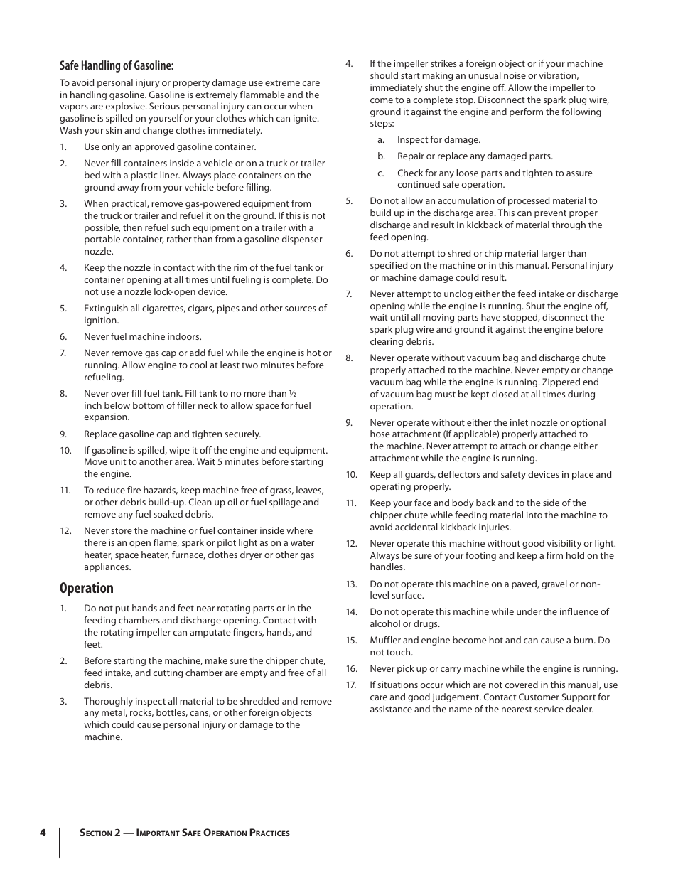 Operation, Safe handling of gasoline | Cub Cadet CSV 050 User Manual | Page 4 / 60