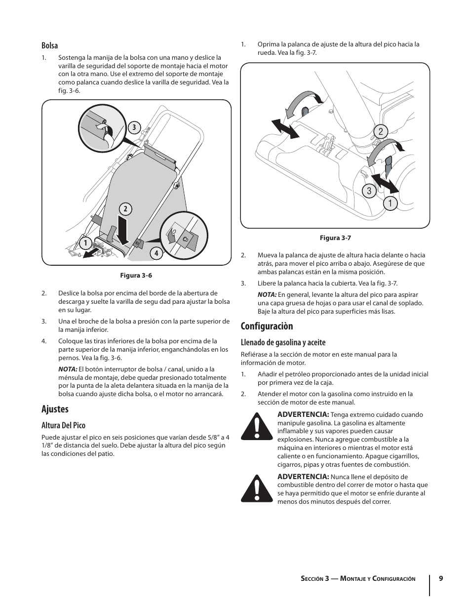 Configuraciòn, Ajustes, Llenado de gasolina y aceite | Bolsa, Altura del pico | Cub Cadet CSV 050 User Manual | Page 41 / 60