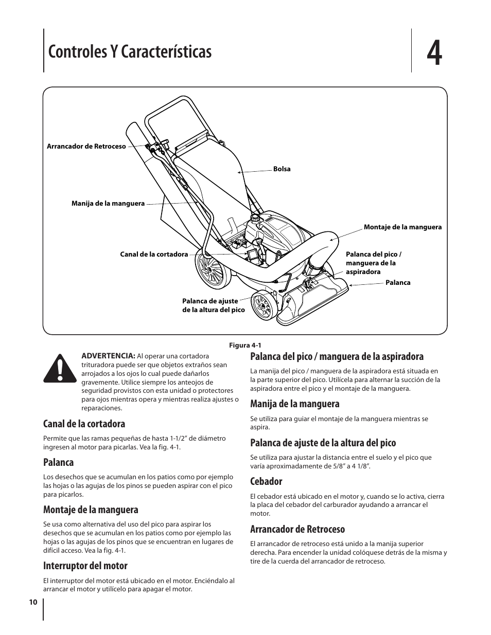 Controles y características, Canal de la cortadora, Palanca | Montaje de la manguera, Interruptor del motor, Palanca del pico / manguera de la aspiradora, Manija de la manguera, Palanca de ajuste de la altura del pico, Cebador, Arrancador de retroceso | Cub Cadet CSV 050 User Manual | Page 42 / 60