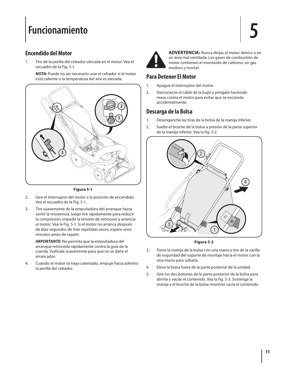 Funcionamiento, Para detener el motor, Descarga de la bolsa | Encendido del motor | Cub Cadet CSV 050 User Manual | Page 43 / 60