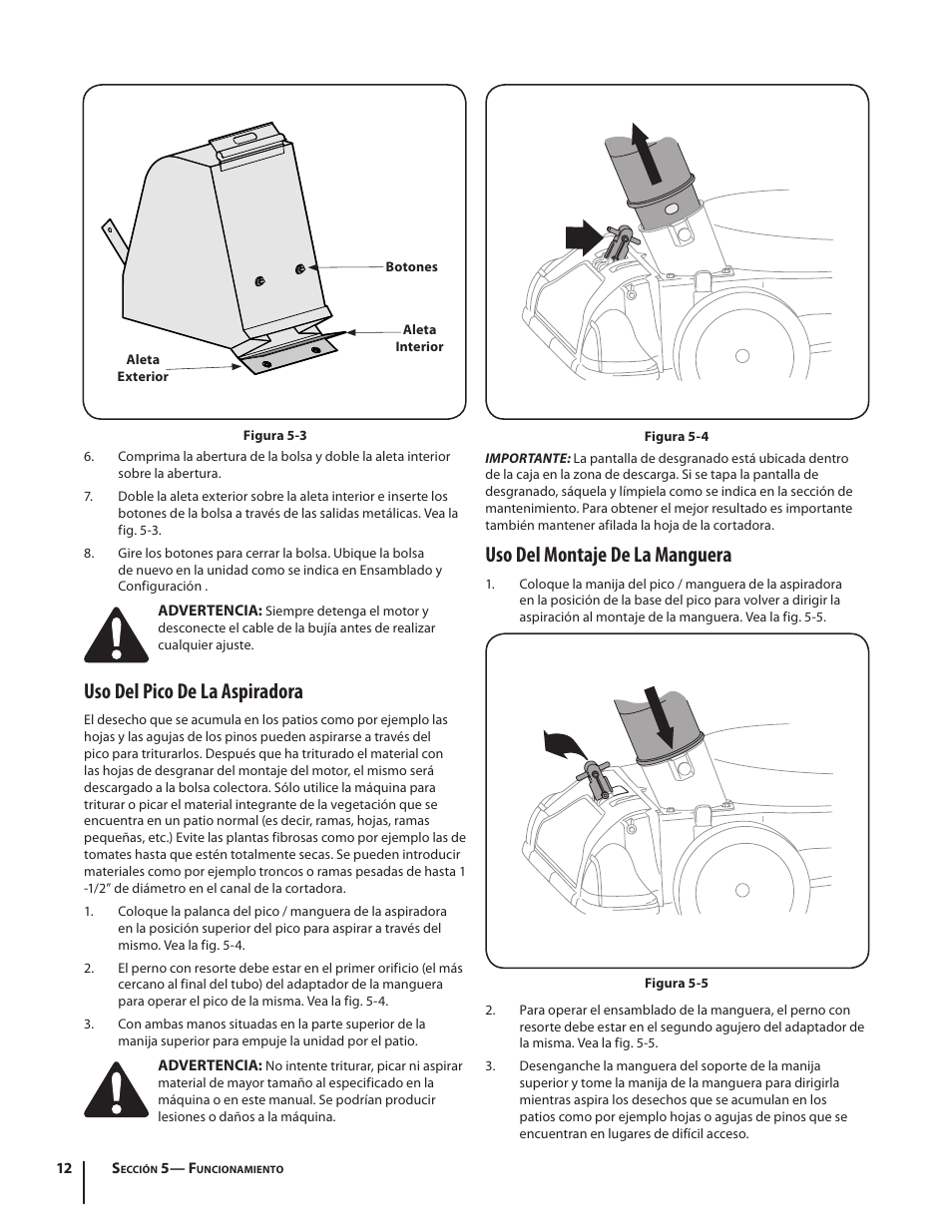 Uso del montaje de la manguera, Uso del pico de la aspiradora | Cub Cadet CSV 050 User Manual | Page 44 / 60