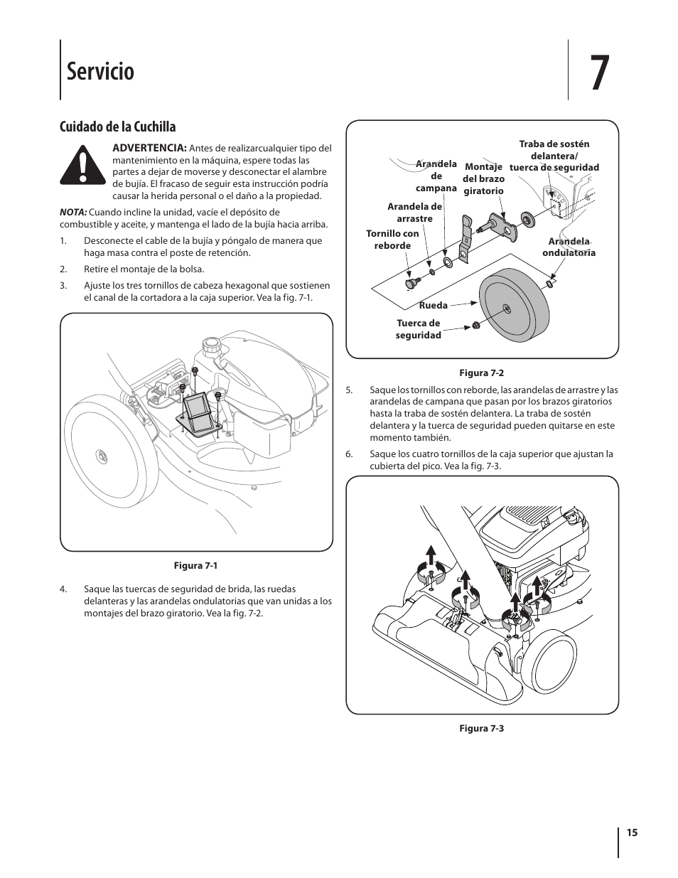 Servicio, Cuidado de la cuchilla | Cub Cadet CSV 050 User Manual | Page 47 / 60