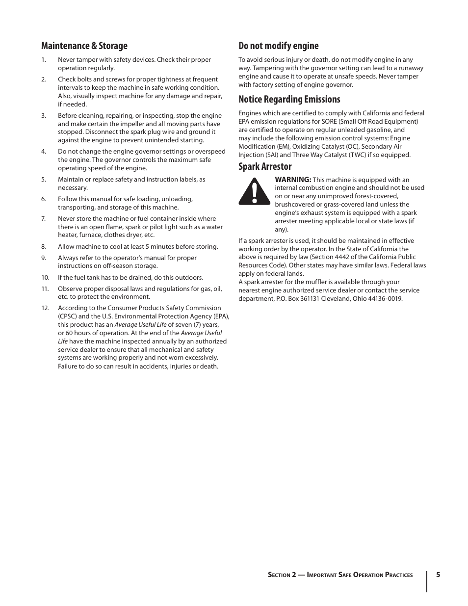 Maintenance & storage, Do not modify engine, Notice regarding emissions | Spark arrestor | Cub Cadet CSV 050 User Manual | Page 5 / 60