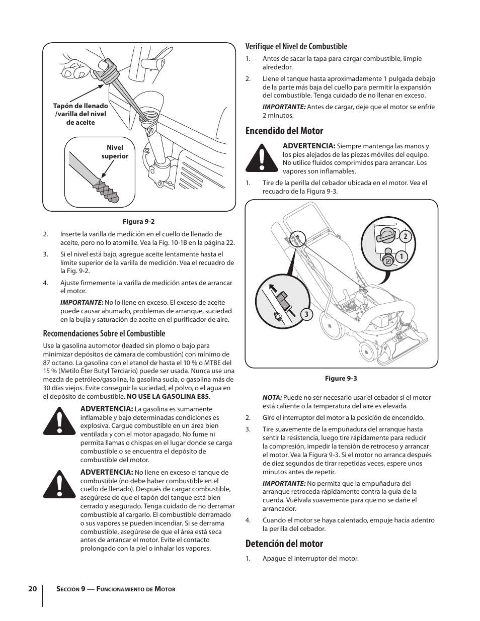 Encendido del motor, Detención del motor, Verifique el nivel de combustible | Recomendaciones sobre el combustible | Cub Cadet CSV 050 User Manual | Page 52 / 60