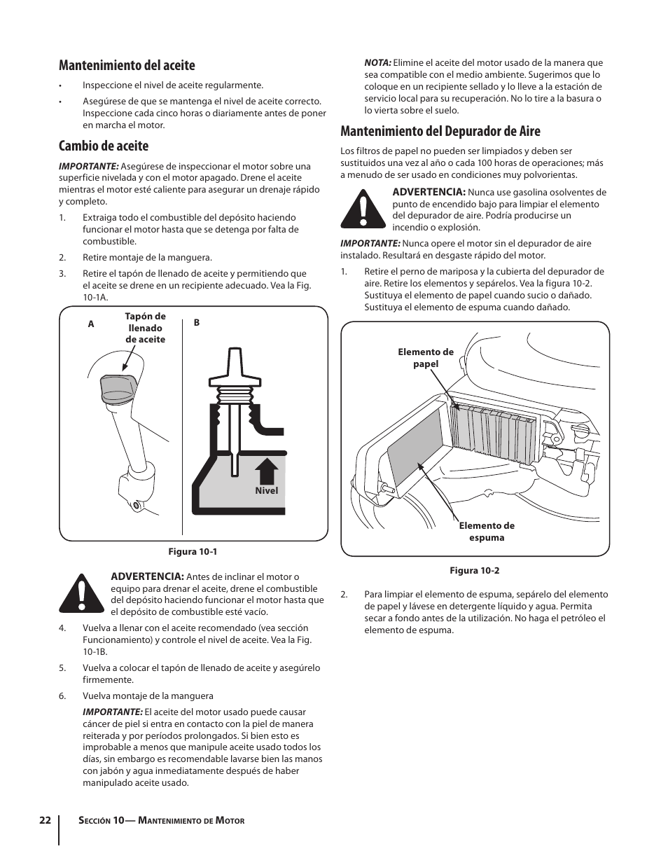 Mantenimiento del depurador de aire, Mantenimiento del aceite, Cambio de aceite | Cub Cadet CSV 050 User Manual | Page 54 / 60
