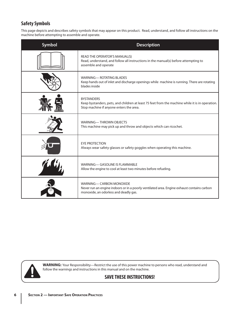 Safety symbols, Save these instructions, Symbol description | Cub Cadet CSV 050 User Manual | Page 6 / 60