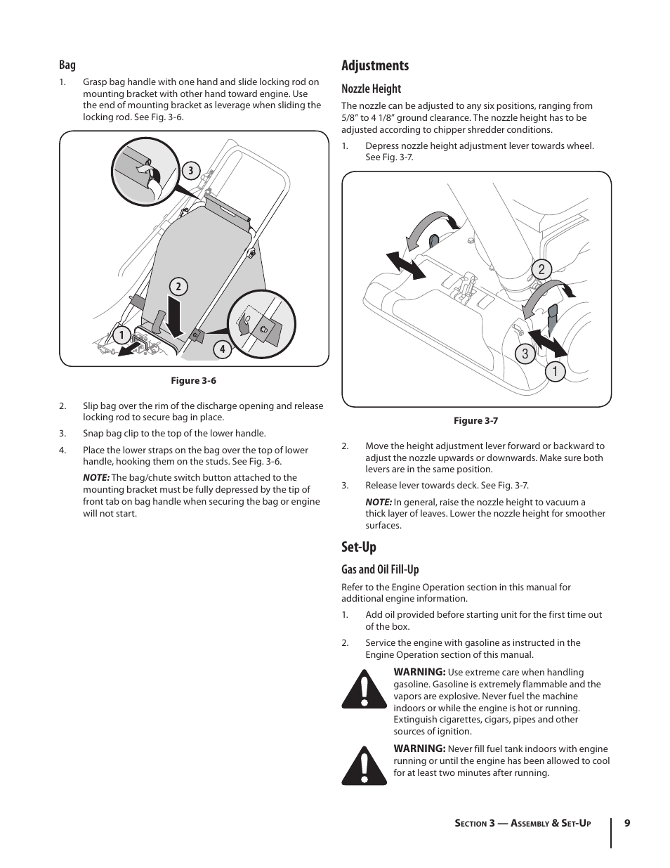 Adjustments, Set-up, Nozzle height | Gas and oil fill-up | Cub Cadet CSV 050 User Manual | Page 9 / 60