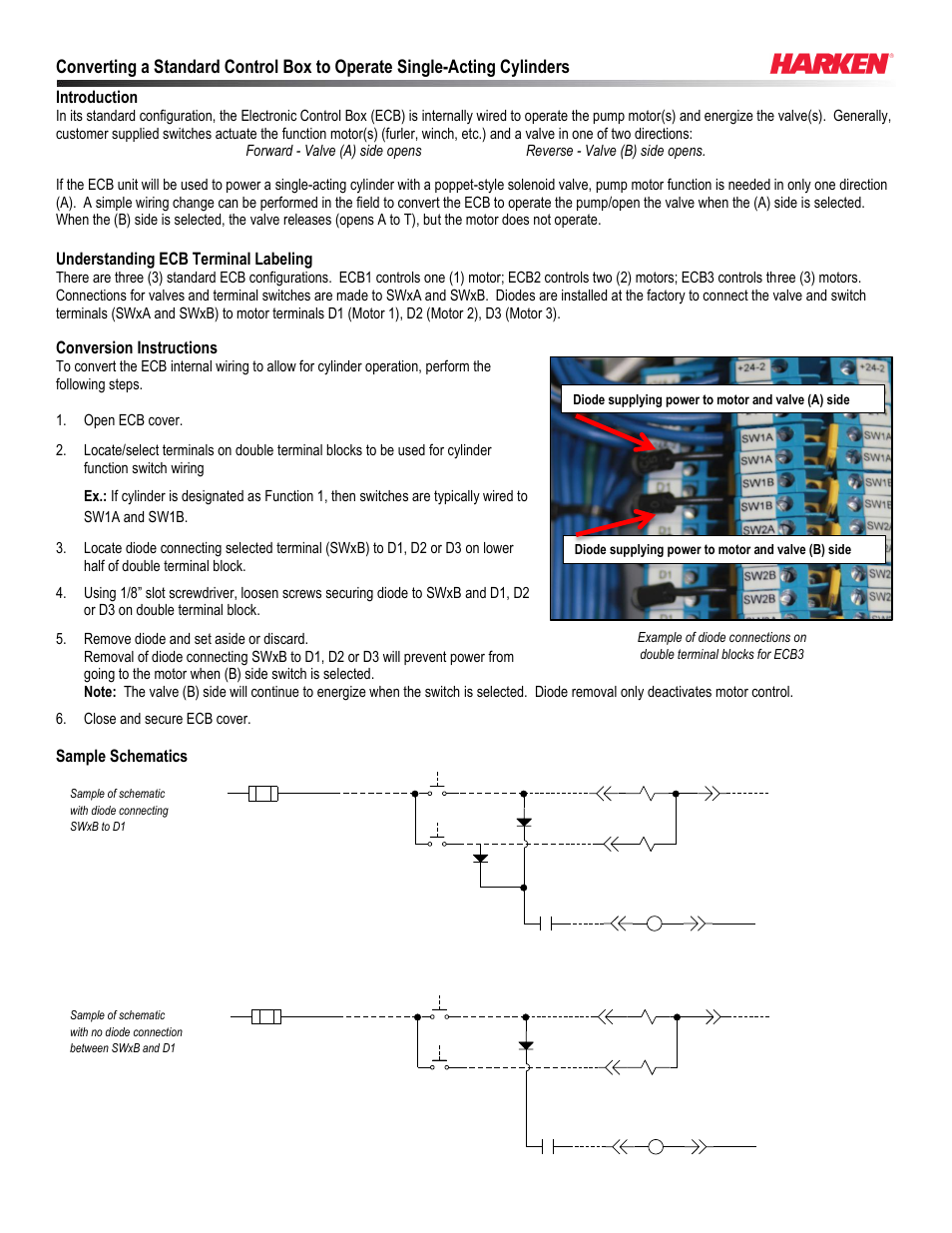 Harken ECB Control Box Conversion for Single-Acting Cylinder Operation User Manual | 1 page