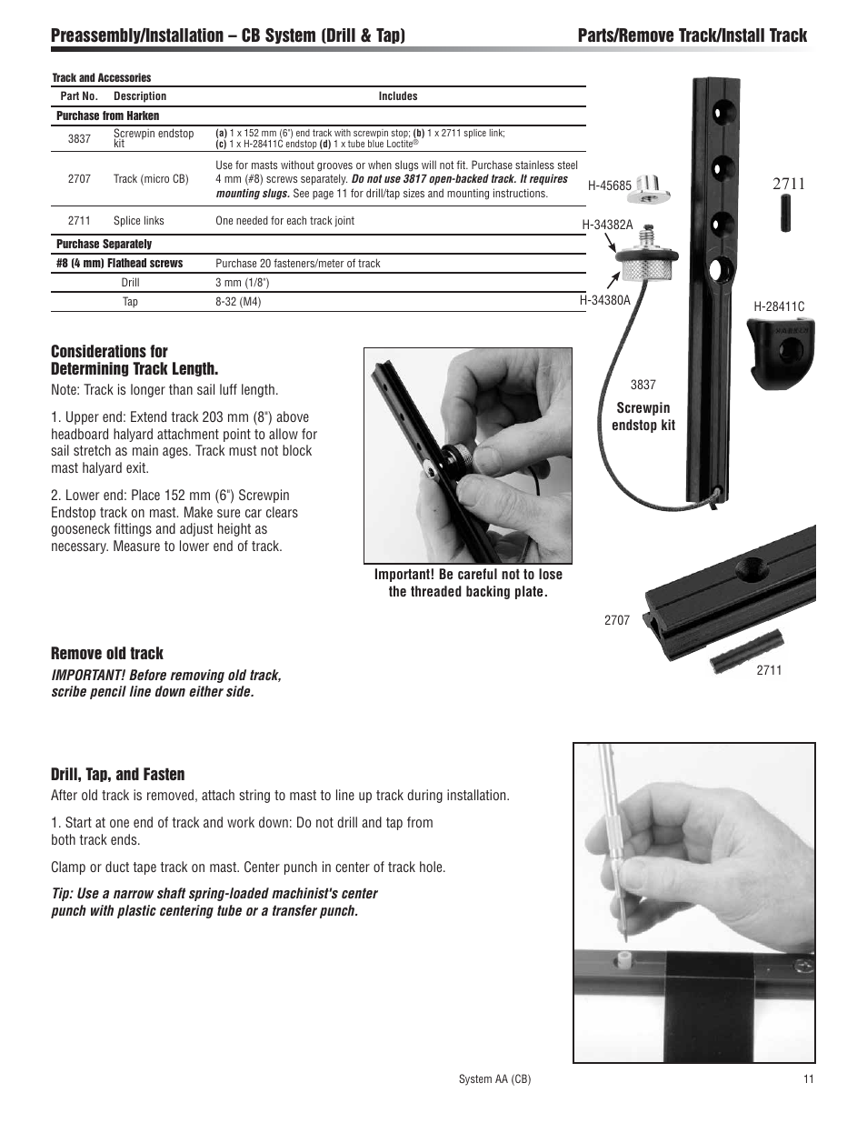 Remove old track, Drill, tap, and fasten, Considerations for determining track length | Harken 3813 System AA Battcar User Manual | Page 11 / 20