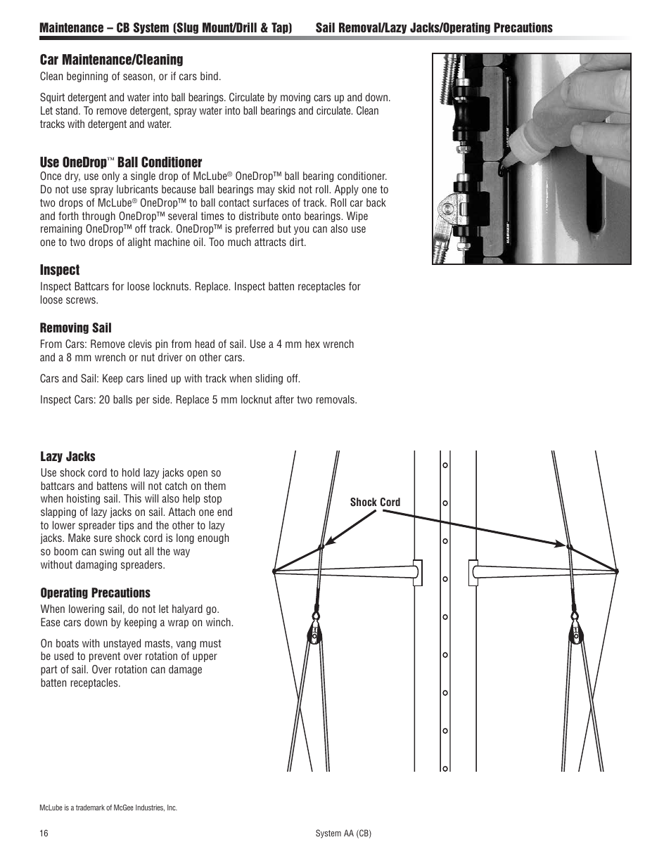 Car maintenance/cleaning, Use onedrop, Ball conditioner | Inspect, Removing sail, Lazy jacks, Operating precautions | Harken 3813 System AA Battcar User Manual | Page 16 / 20