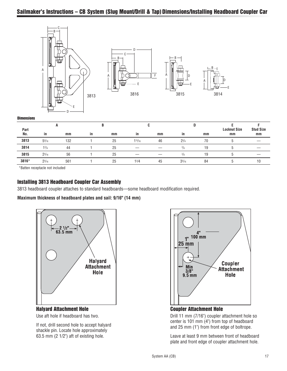 Installing 3813 headboard coupler car assembly, Halyard attachment hole, Coupler attachment hole | Harken 3813 System AA Battcar User Manual | Page 17 / 20