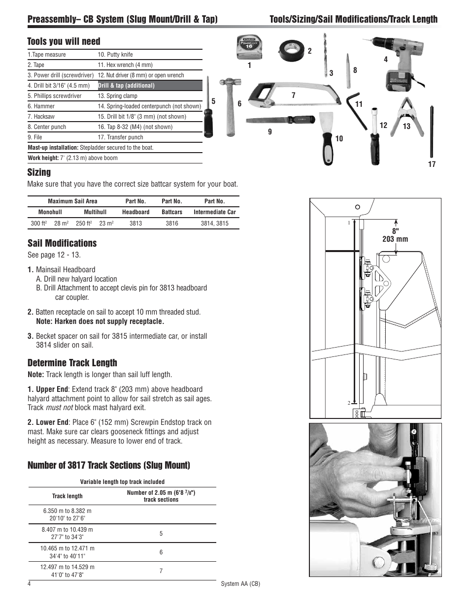 Sizing, Sail modifications, Tools you will need | Harken 3813 System AA Battcar User Manual | Page 4 / 20