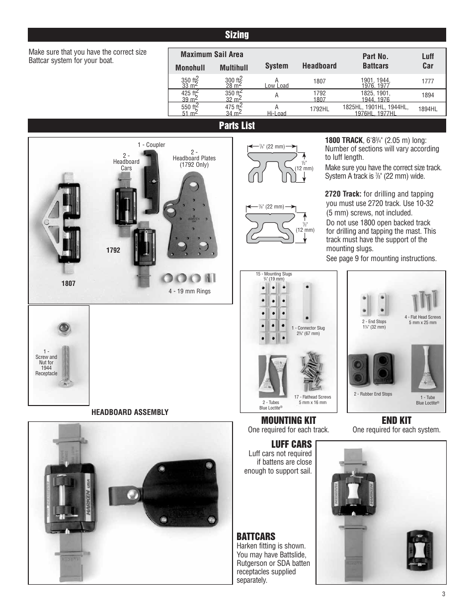 Sizing, Parts list battcars, Luff cars | Mounting kit, End kit | Harken 1807, 1807HL System A Battcars: built before 2005 User Manual | Page 3 / 20