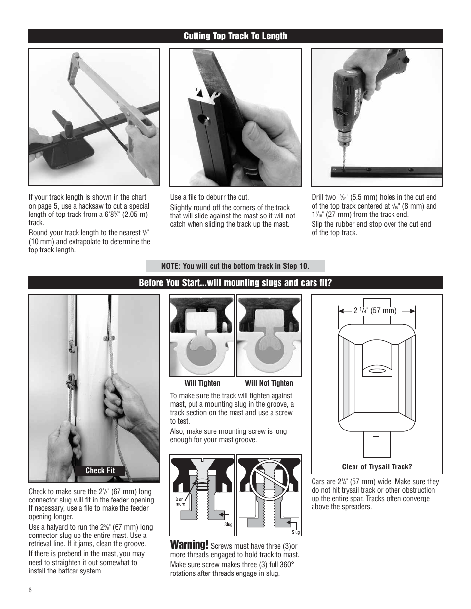 Warning, Cutting top track to length | Harken 1807, 1807HL System A Battcars: built before 2005 User Manual | Page 6 / 20