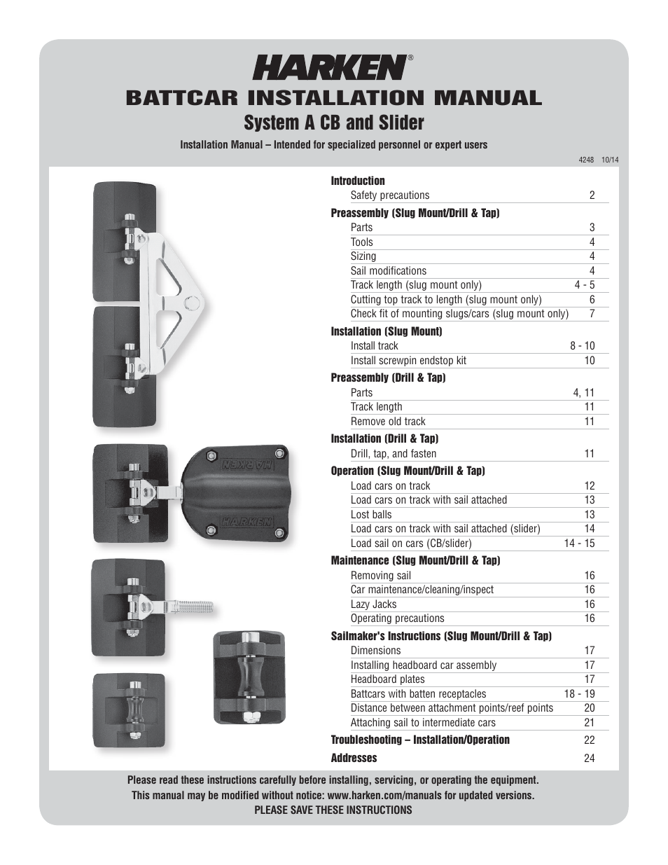 Harken 3811 System A CB & Slider Battcar User Manual | 24 pages
