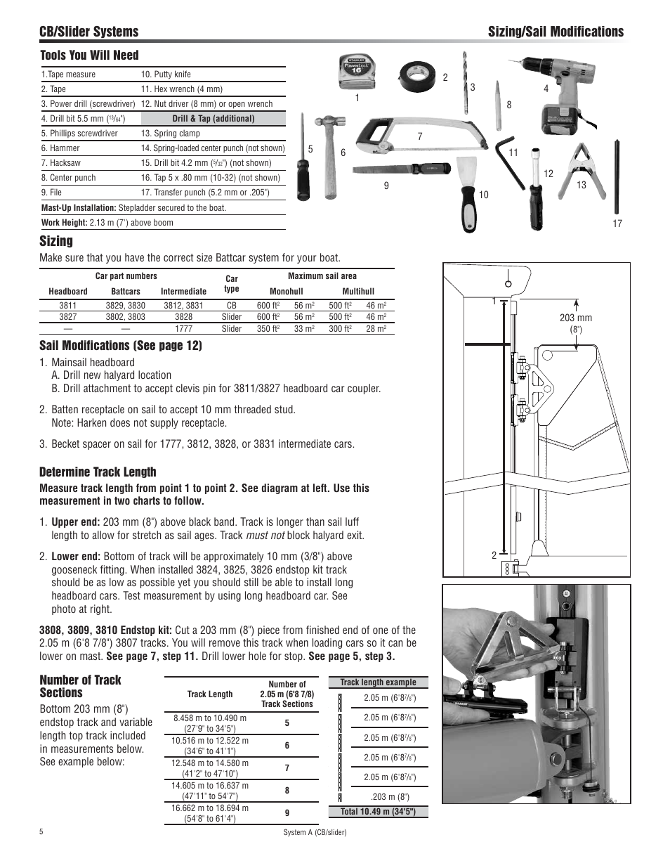 Cb/slider systems sizing/sail modifications sizing, Sail modifications (see page 12), Determine track length | Tools you will need | Harken 3811 System A CB & Slider Battcar User Manual | Page 5 / 24