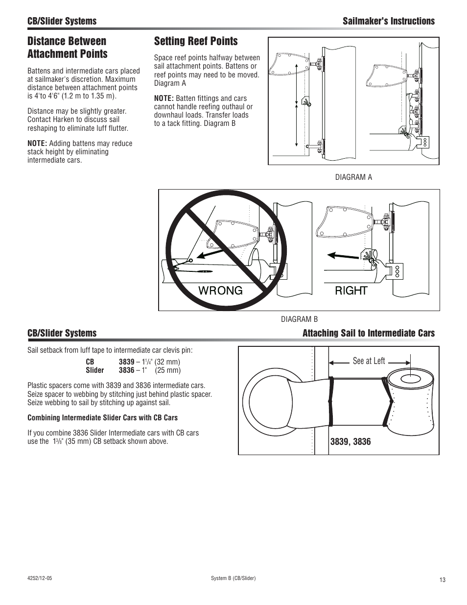 Distance between attachment points, Setting reef points | Harken 3838 System B CB & Slider Battcars: built 2005-2006 User Manual | Page 13 / 16