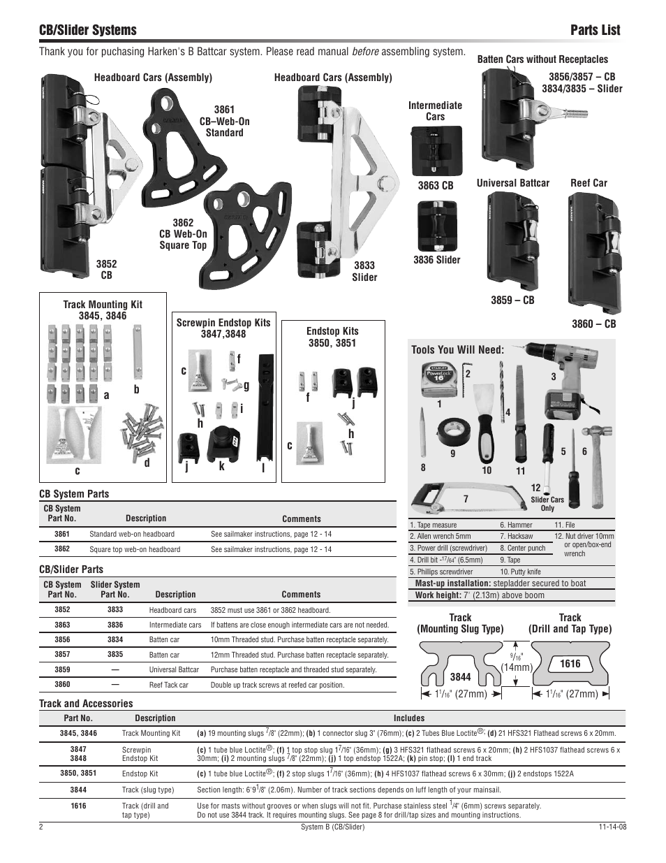 Cb/slider systems parts list, Jh f l i, Ab c d | Harken 3852 System B CB & Slider Battcars: built 2007 to present User Manual | Page 2 / 16