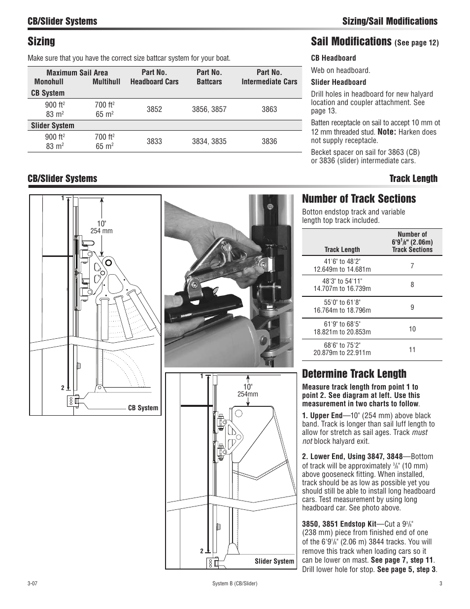 Sizing, Sail modifications, Determine track length | Cb/slider systems sizing/sail modifications, Cb/slider systems track length | Harken 3852 System B CB & Slider Battcars: built 2007 to present User Manual | Page 3 / 16