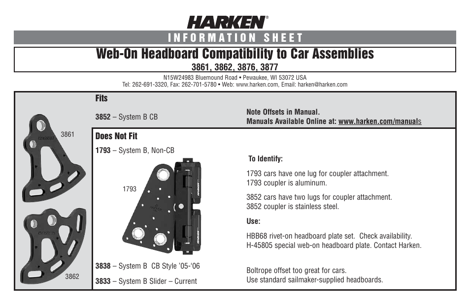Harken 3861 Web-On Headboard Compatibility to Car Assemblies User Manual | 2 pages
