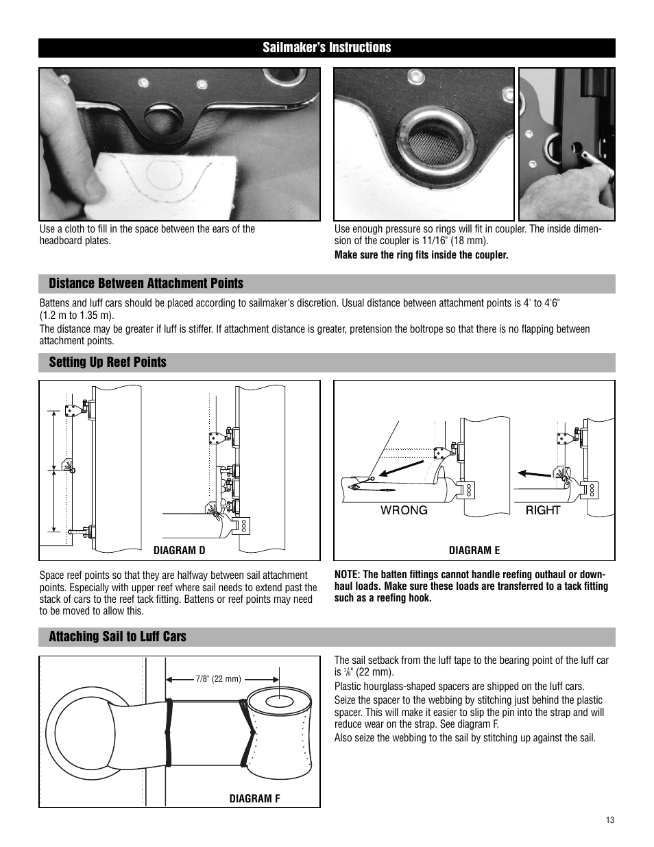 Distance between attachment points, Setting up reef points, Attaching sail to luff cars | Sailmaker’s instructions | Harken 1782 System C Battcars: built before 2008 User Manual | Page 13 / 17