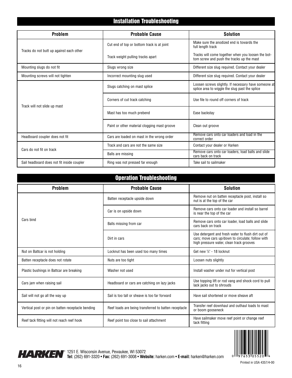 Installation troubleshooting, Operation troubleshooting | Harken 1782 System C Battcars: built before 2008 User Manual | Page 16 / 17