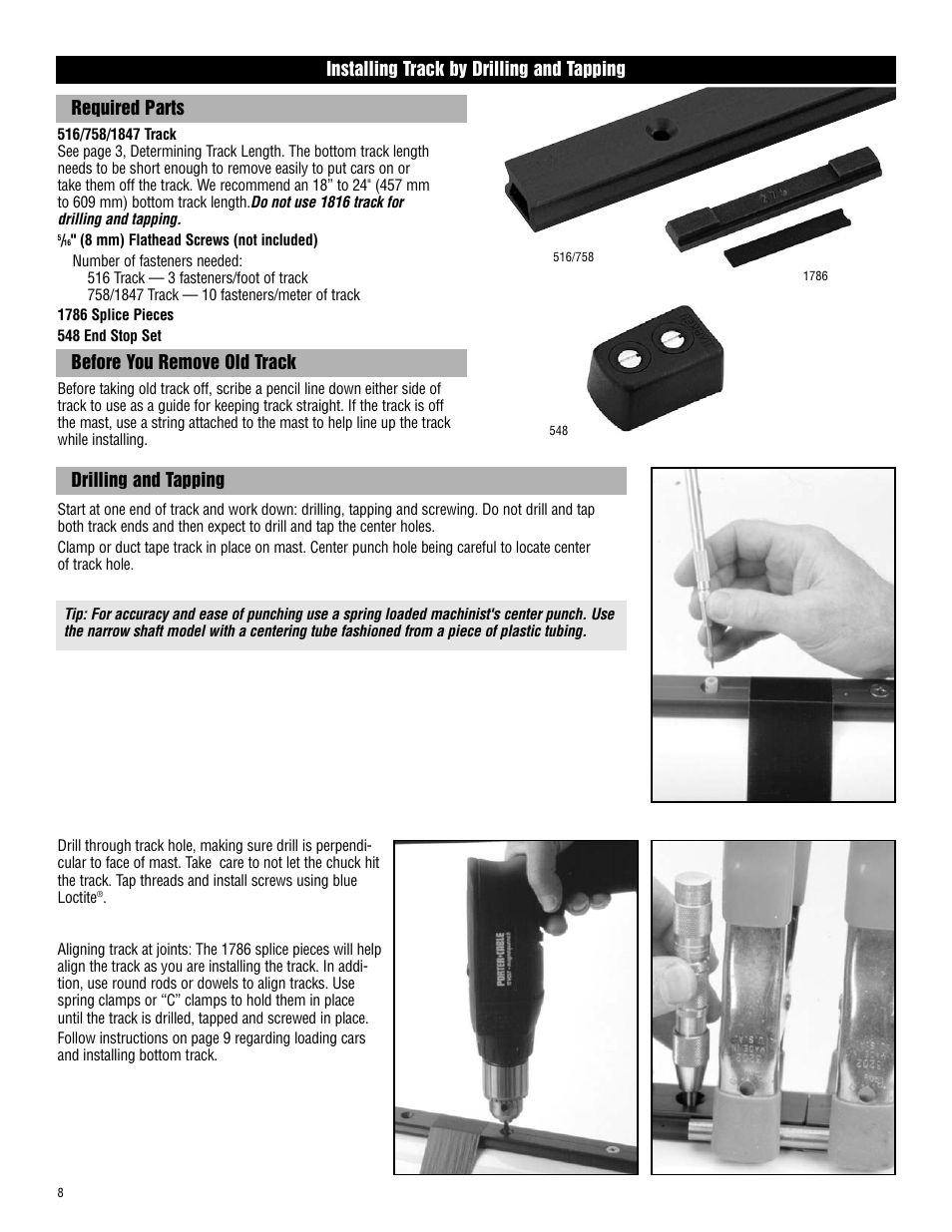 Installing track by drilling and tapping, Required parts before you remove old track, Drilling and tapping | Harken 1782 System C Battcars: built before 2008 User Manual | Page 8 / 17