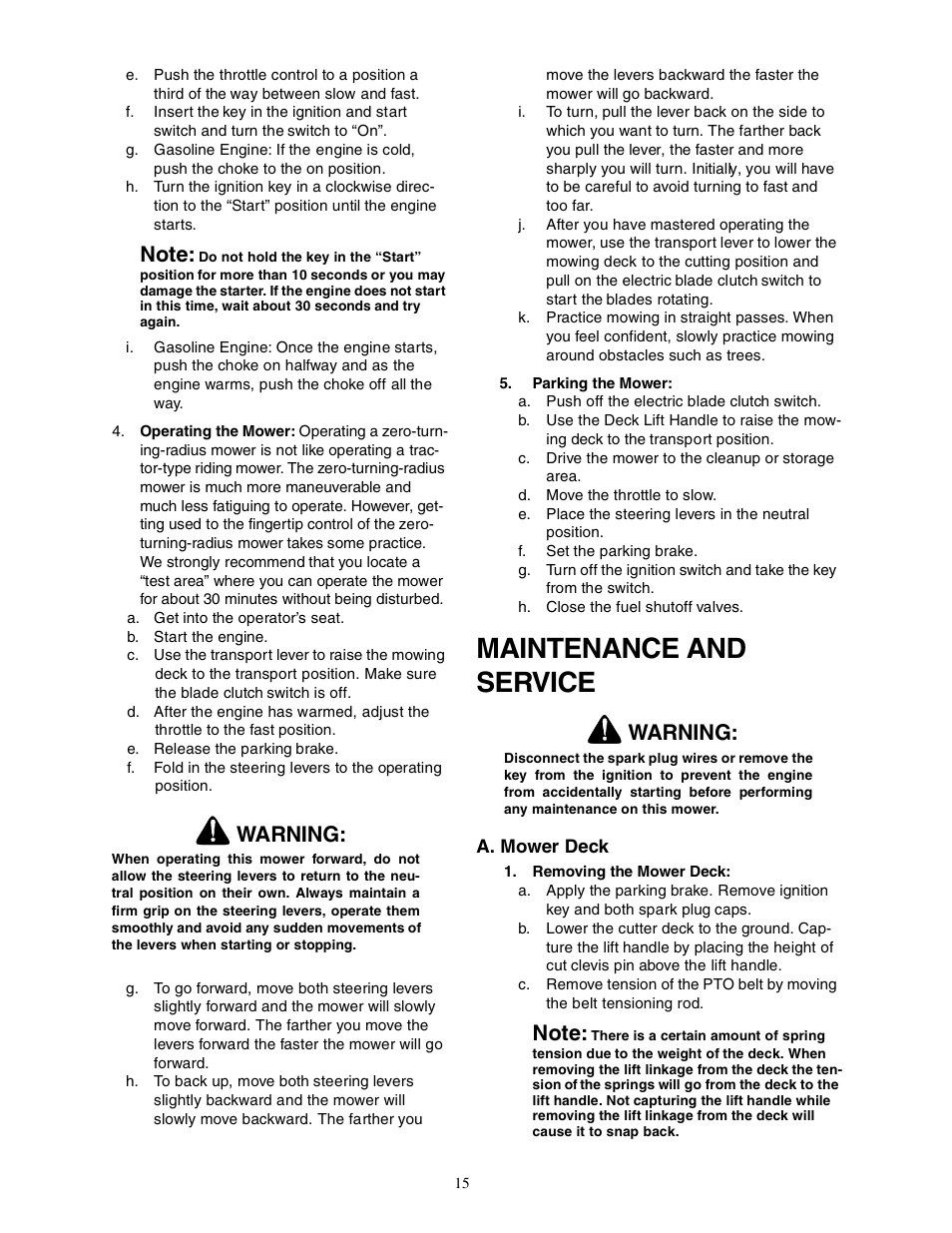 Maintenance and service, Warning | Cub Cadet Zero-Turn Commercial Riding Mower User Manual | Page 15 / 32