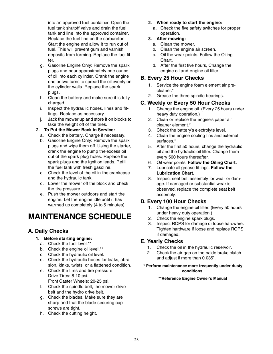 Maintenance schedule | Cub Cadet Zero-Turn Commercial Riding Mower User Manual | Page 23 / 32