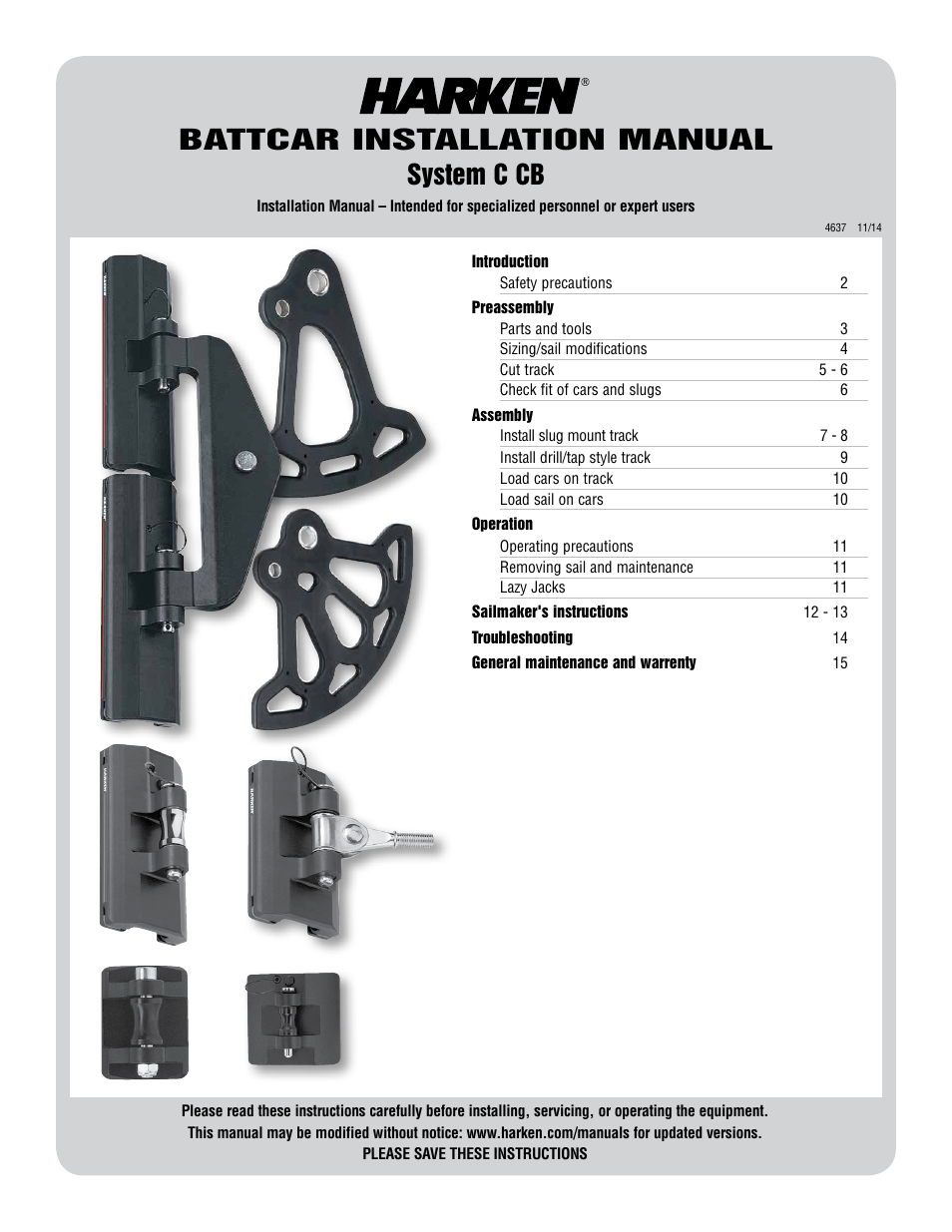 Harken 3867 System C CB Battcars: built 2008 to present User Manual | 16 pages