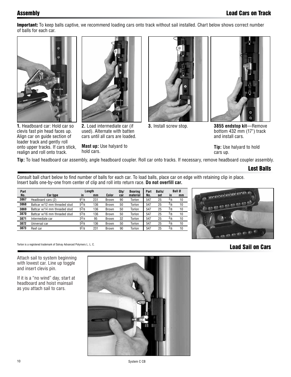 Assembly load cars on track, Lost balls load sail on cars | Harken 3867 System C CB Battcars: built 2008 to present User Manual | Page 10 / 16