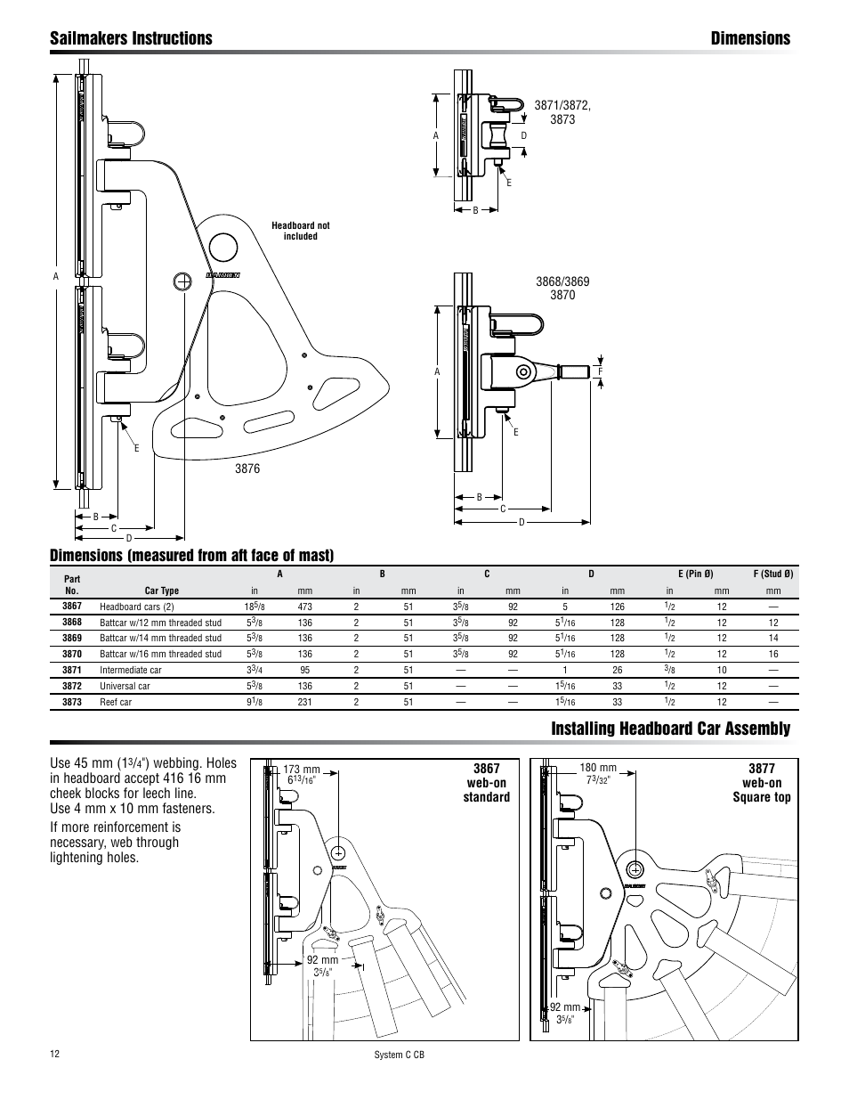 Sailmakers instructions dimensions, Installing headboard car assembly, Dimensions (measured from aft face of mast) | Use 45 mm (1 | Harken 3867 System C CB Battcars: built 2008 to present User Manual | Page 12 / 16