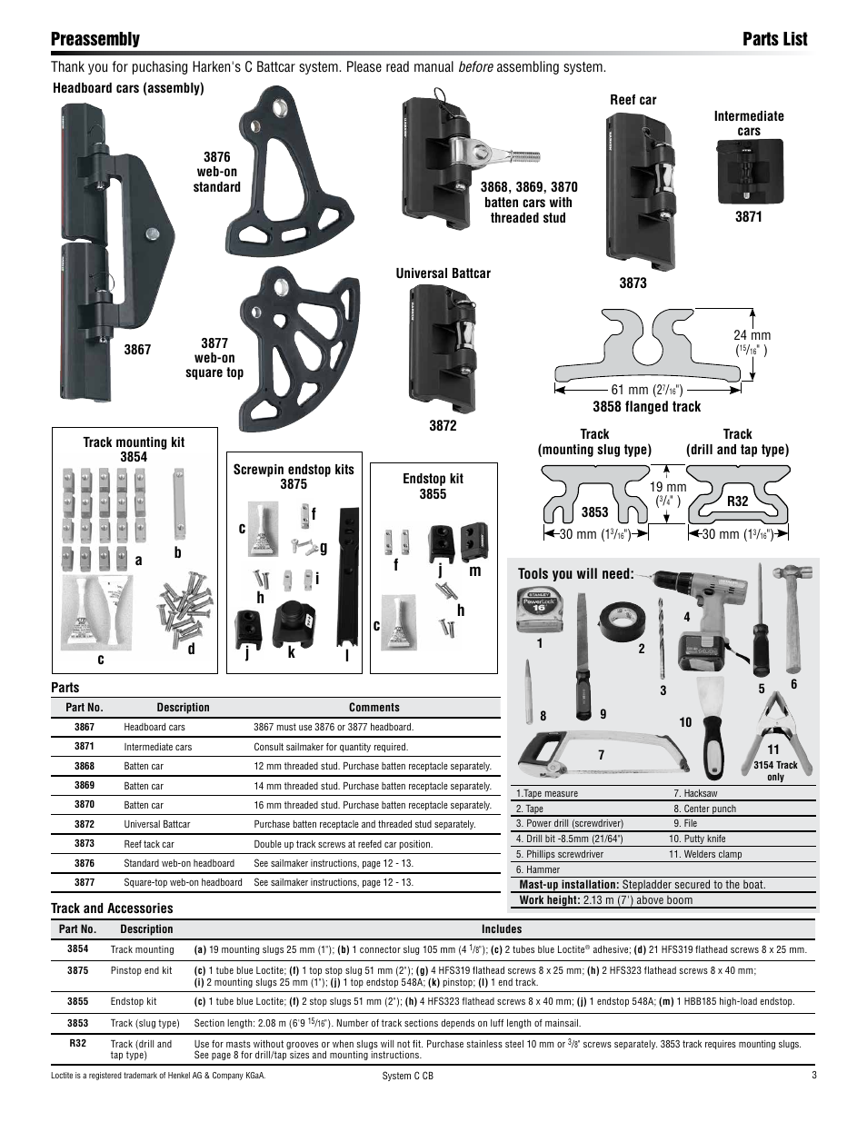 Preassembly parts list, Ab c d | Harken 3867 System C CB Battcars: built 2008 to present User Manual | Page 3 / 16