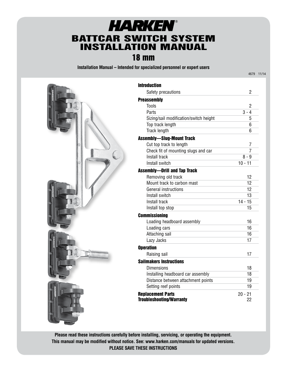 Harken HC7906 18 mm Battcar Switch System User Manual | 24 pages