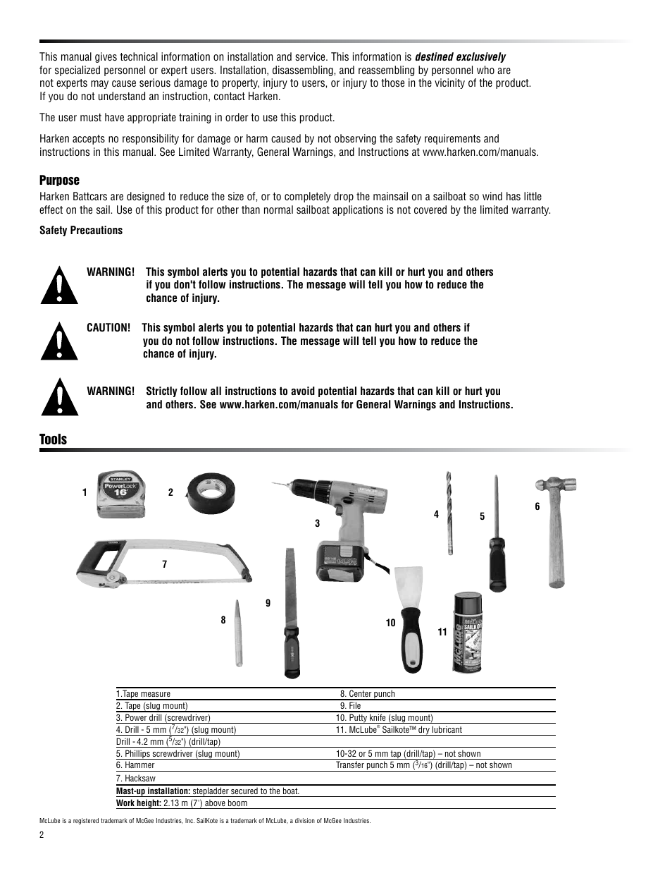Tools, Purpose | Harken HC7906 18 mm Battcar Switch System User Manual | Page 2 / 24