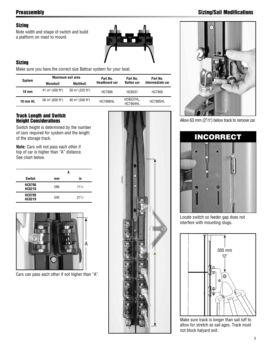 Incorrect, Preassembly sizing/sail modifications, Sizing | Track length and switch height considerations | Harken HC7906 18 mm Battcar Switch System User Manual | Page 5 / 24
