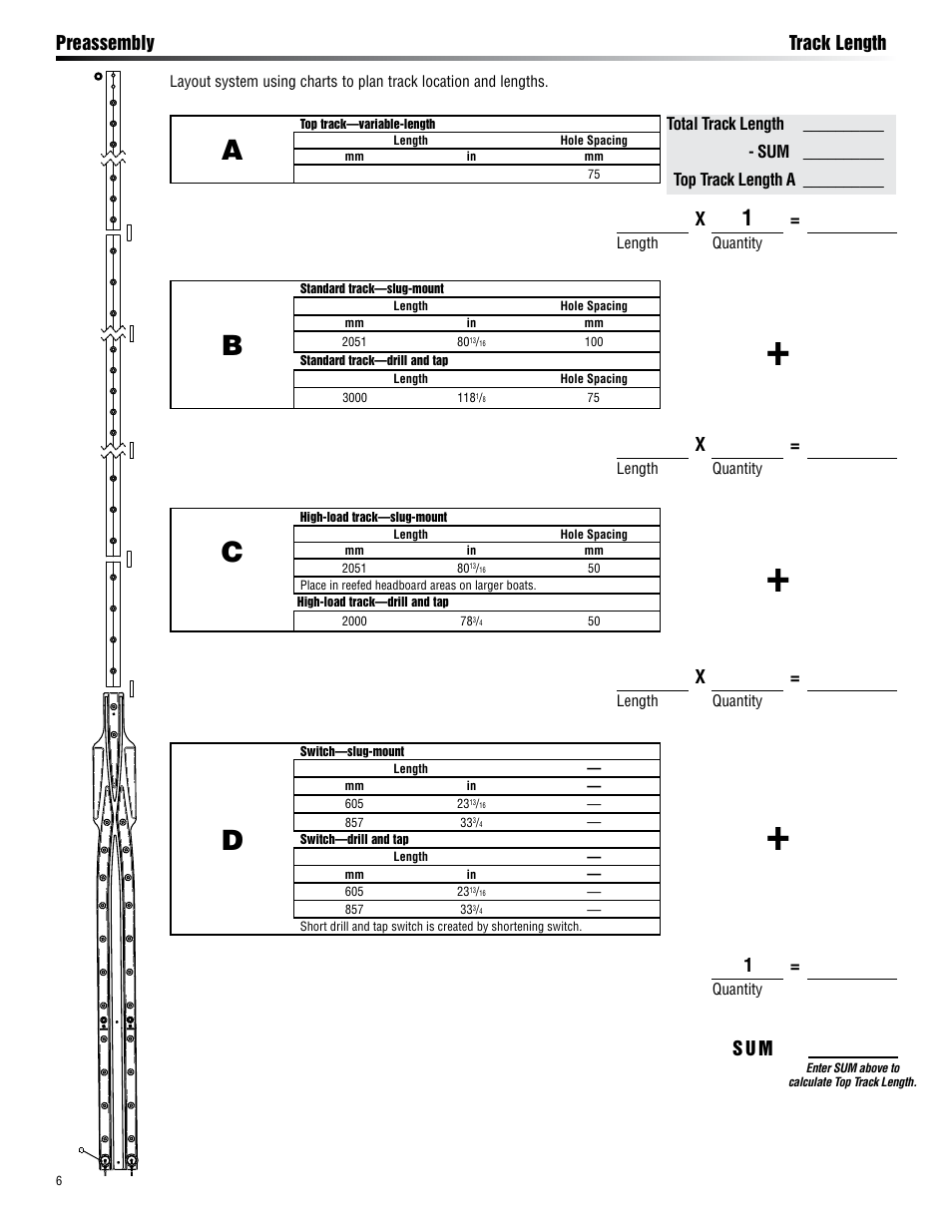 Preassembly track length, S u m | Harken HC7906 18 mm Battcar Switch System User Manual | Page 6 / 24