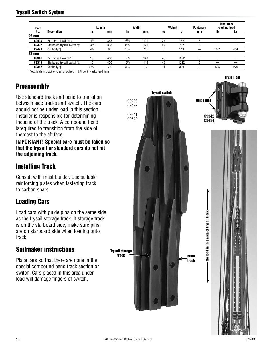 Preassembly, Installing track, Loading cars | Sailmaker instructions, Trysail switch system | Harken HC9045 Battcar Switch System User Manual | Page 16 / 20