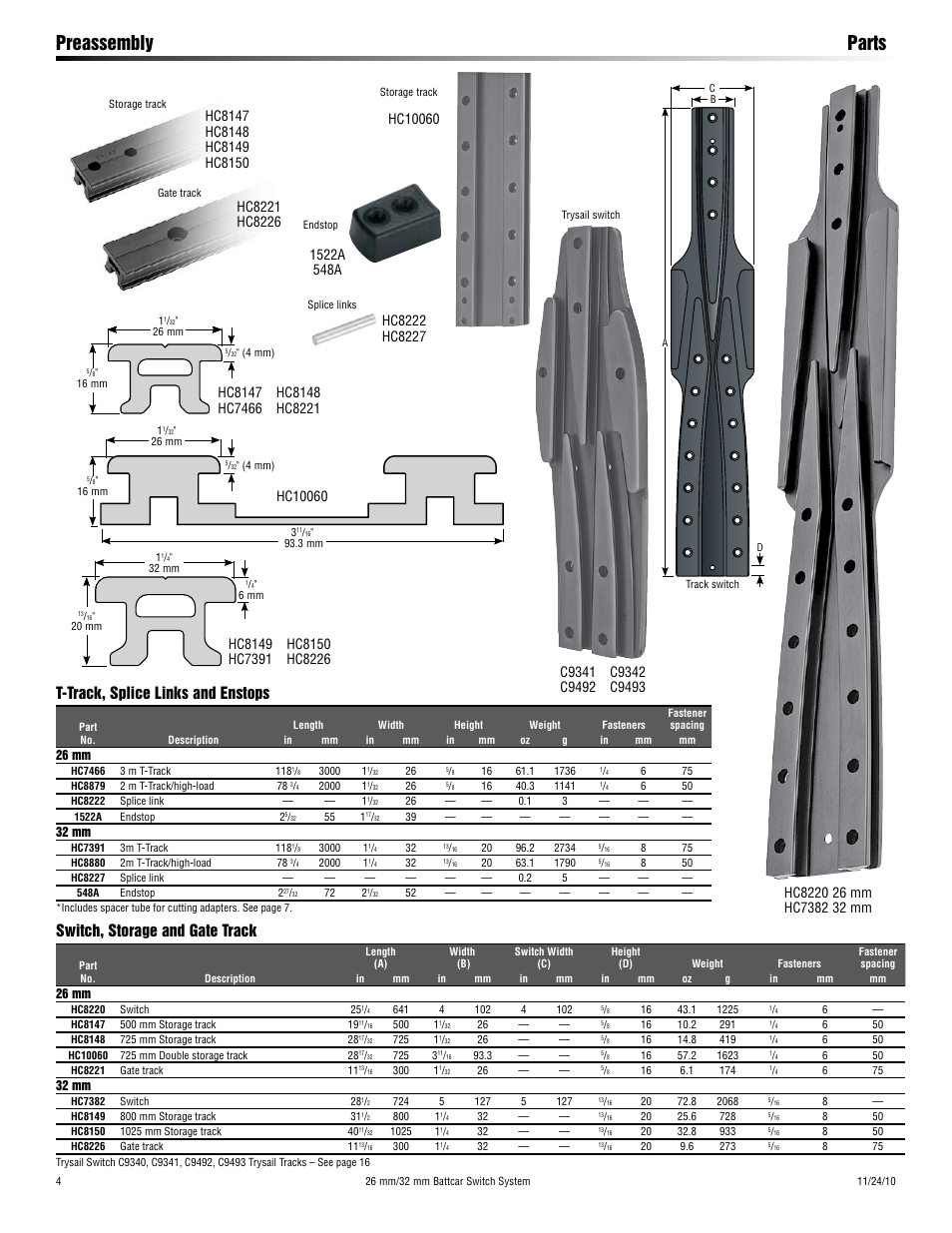 Preassembly parts, Switch, storage and gate track, T-track, splice links and enstops | Harken HC9045 Battcar Switch System User Manual | Page 4 / 20