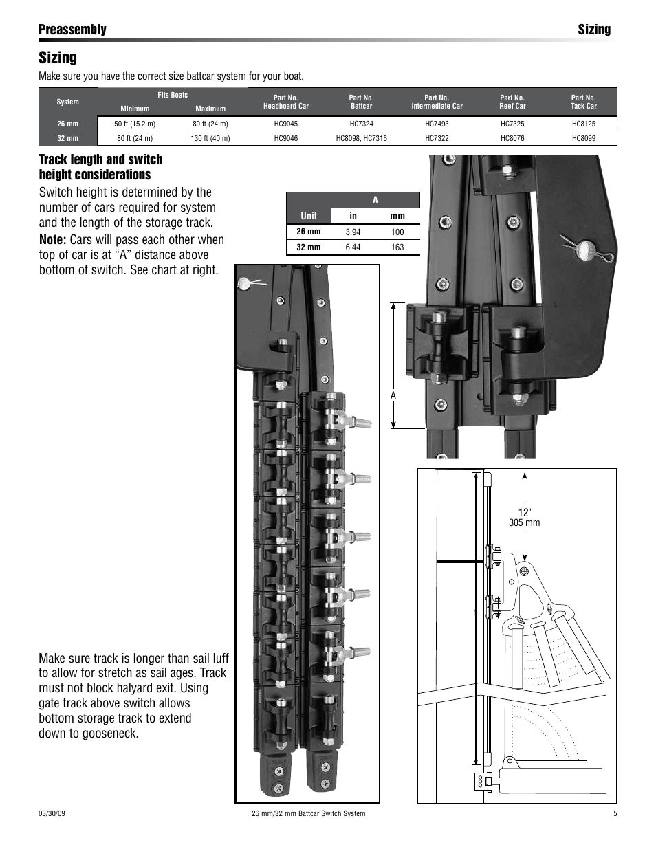 Sizing, Preassembly sizing | Harken HC9045 Battcar Switch System User Manual | Page 5 / 20