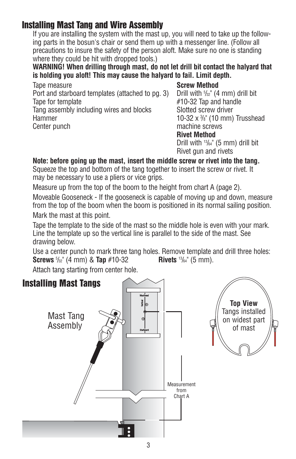 Mast tang assembly installing mast tangs, Installing mast tang and wire assembly | Harken 252 Lazy Jack kit User Manual | Page 3 / 8